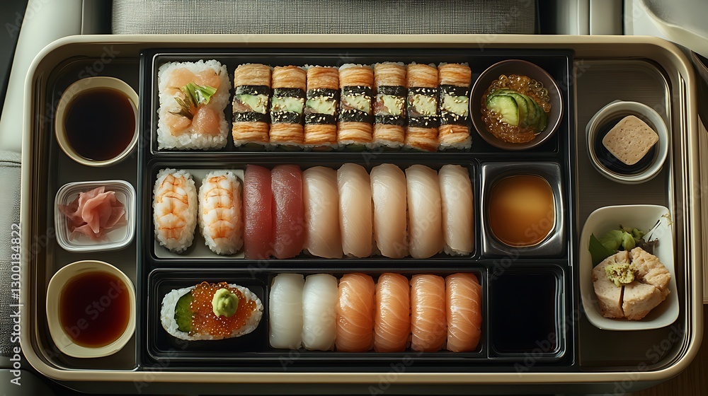 A top-down view of a first-class sushi and sashimi meal, showcasing a meticulously arranged selection of otoro, ebi nigiri, and salmon sashimi, A top-down view of a first-class sushi and sashimi meal, showcasing a meticulously arranged selection of otoro, ebi nigiri, and salmon sashimi,