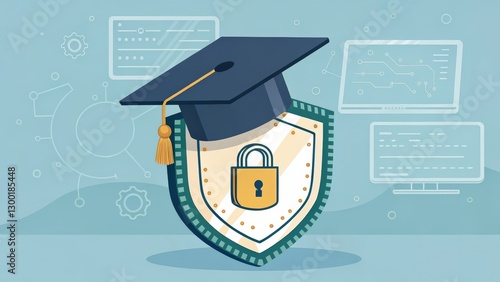 Wallpaper Mural Cybersecurity Education Graduation Cap on Shield with Lock, Digital Security, Data Protection Cybersecurity, Education Torontodigital.ca