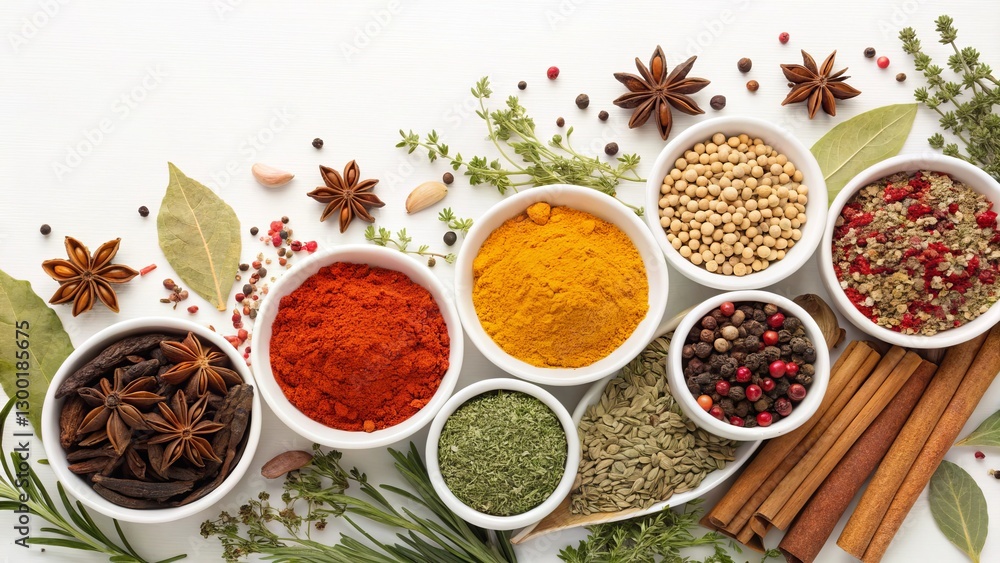 Colorful Spice Bowls Flatlay Culinary Herbs and Aromatic Seasonings, Food Photography, White Background. Spice, Flatlay Colorful Spice Bowls Flatlay Culinary Herbs and Aromatic Seasonings, Food Photography, White Background. Spice, Flatlay