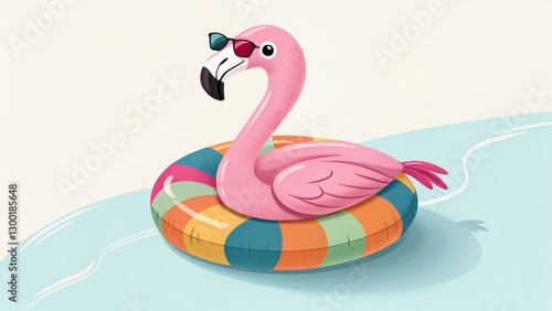 Cool Flamingo Summer Float Illustration Digital Painting, Summer Vibes, Tropical Bird, Inflatable Ring, keyword1 Flamingo, keyword2 Summer