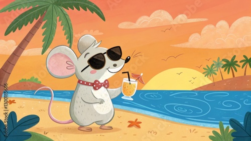 Cool Mouse on Beach Sunset Digital Illustration, Tropical, Summer, Mouse Cartoon Tropical, Summer Fun
