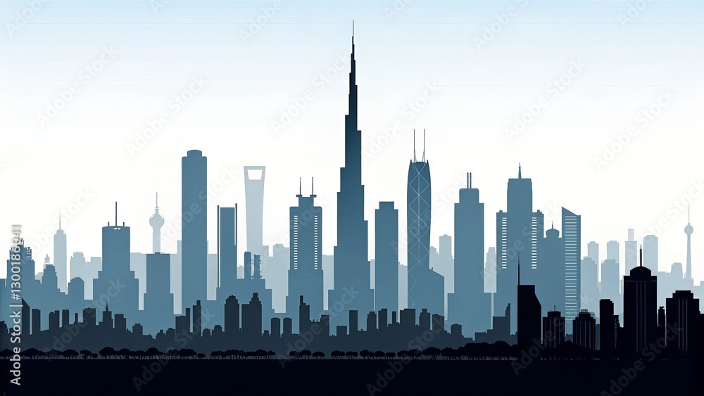 Fototapeta premium Blue Skyline Silhouette Cityscape Illustration, Dubai, Shanghai, Modern Architecture, City, Urban Cityscape, Skyline