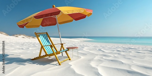 Beach Relaxation Striped Chair, Red and Yellow Umbrella, 3D Render, Summer Vacation, Coast, Ocean Summer, Beach