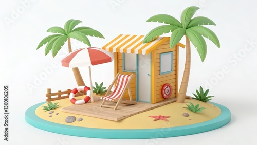 3D Render Tropical Beach Hut Scene, Summer Paradise, Vacation Concept, Beach House, Palm Trees Beach, Summer