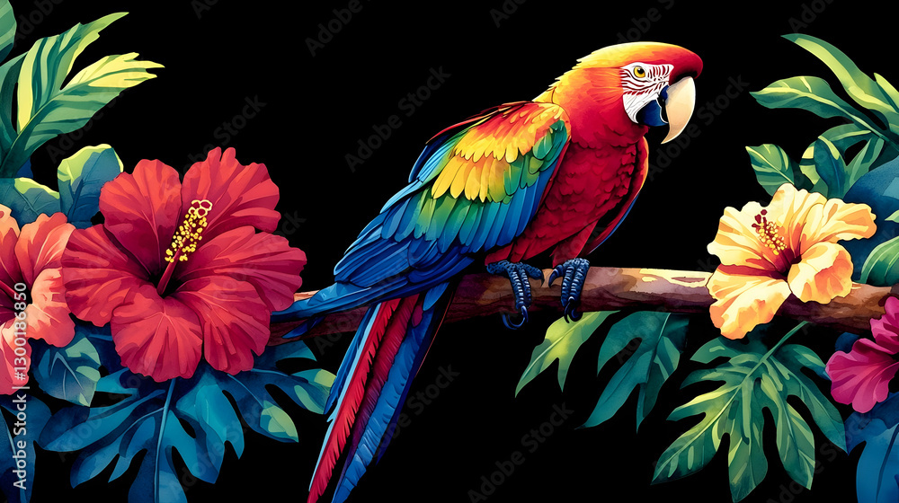 Obraz premium Vibrant Macaw perched on branch amidst hibiscus flowers, tropical leaves; black background, ideal for textile design