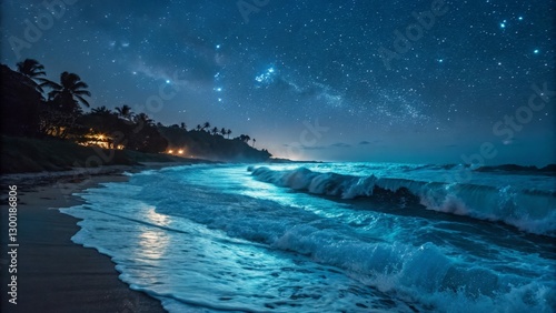Night Ocean Waves Under Starry Sky Tropical Beach Composition, Milky Way, Seascape Photography, Waves, Stars Ocean, Night Photography