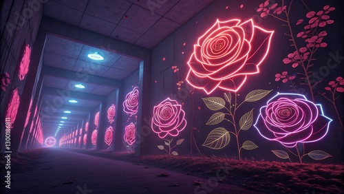 Fototapeta Naklejka Na Ścianę i Meble -  Neon Rose Corridor 3D Render, Cyberpunk, Floral, Tunnel, Lights, Cyberpunk, Neon art
