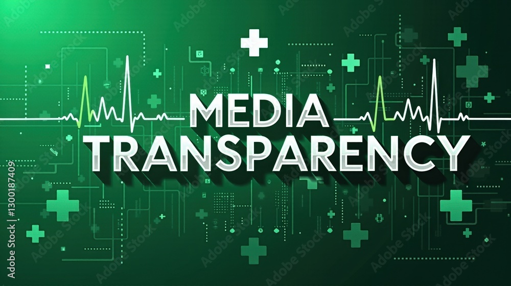 A stock illustration that represents the concept of Media transparency in Green and silver colors, with bold typography and metaphors of Medical cross and heartbeat lines A stock illustration that represents the concept of Media transparency in Green and silver colors, with bold typography and metaphors of Medical cross and heartbeat lines