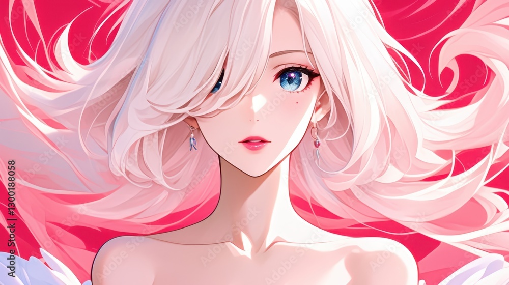 Anime girl with flowing white hair and blue eyes, digital art portrait, pink background Anime girl with flowing white hair and blue eyes, digital art portrait, pink background