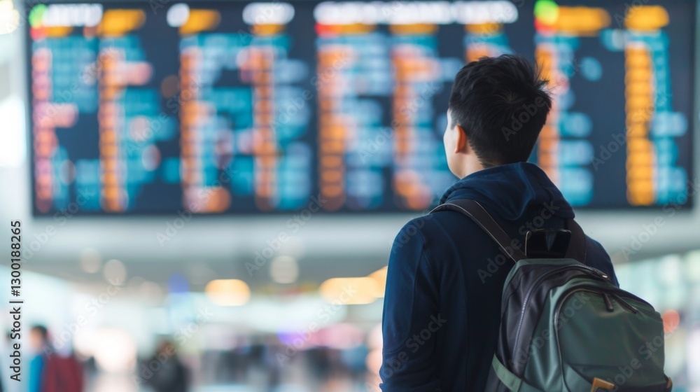 Man standing at airport terminal, gazing at large digital screen showing immigration policies, amidst bustling crowd and luggage, highlighting importance of travel regulations and border control infor Man standing at airport terminal, gazing at large digital screen showing immigration policies, amidst bustling crowd and luggage, highlighting importance of travel regulations and border control infor