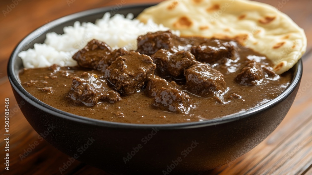 Enjoy a flavorful Indian dish of Spicy Ground Beef Masala Curry accompanied by Naan and Rice Enjoy a flavorful Indian dish of Spicy Ground Beef Masala Curry accompanied by Naan and Rice