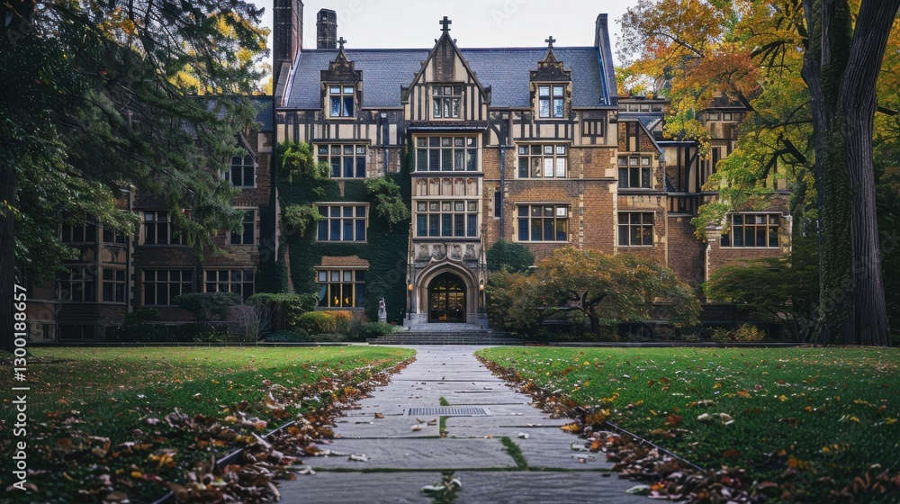 Obraz premium Elegant Historic Building Surrounded by Autumn Foliage in a Peaceful Setting Ideal for Social and Community Issues
