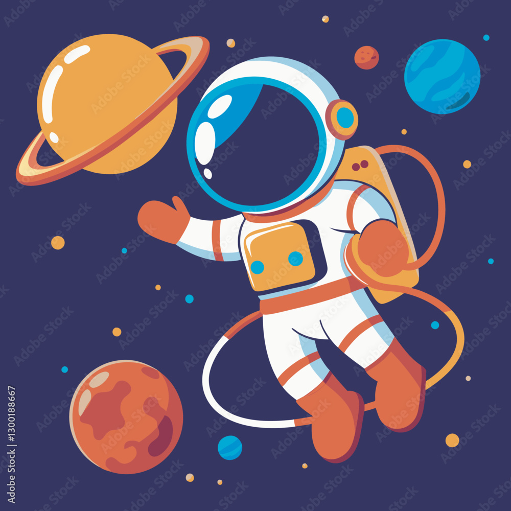 Vibrant Astronaut and Planets on Navy Background Art & Illustration Vibrant Astronaut and Planets on Navy Background Art & Illustration