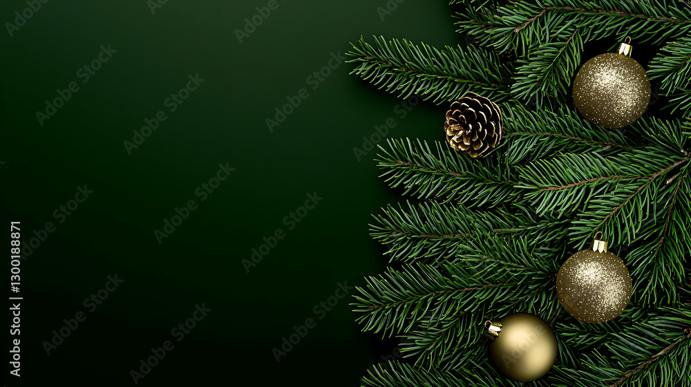 Festive Christmas Decorations With Golden Ornaments And Green Fir Branches Against Dark Green Background Festive Christmas Decorations With Golden Ornaments And Green Fir Branches Against Dark Green Background