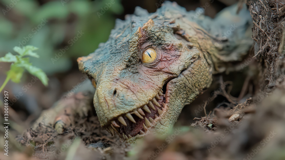 Fototapeta premium Young Dinosaur Emerging From Ground
