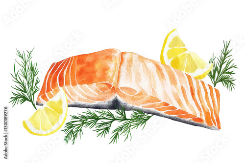 Watercolor illustration of salmon fillet with lemon slices and dill garnish