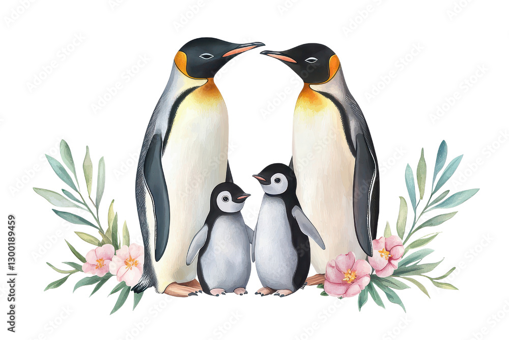 Fototapeta premium Two adult penguins with two chicks surrounded by flowers and leaves