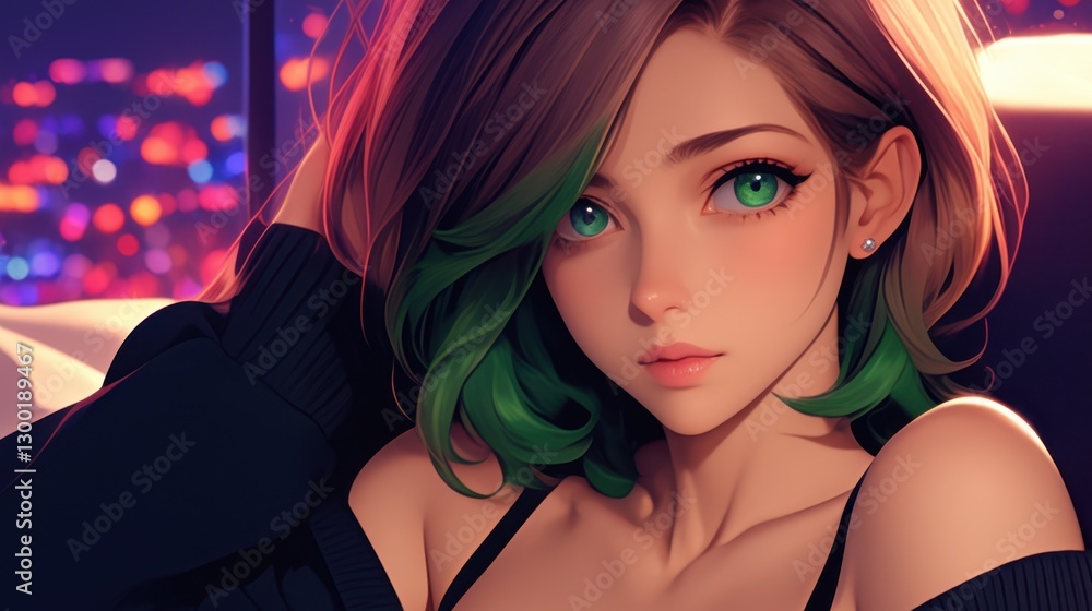 Naklejka premium Anime girl with green highlights and captivating eyes gazing in the city lights background
