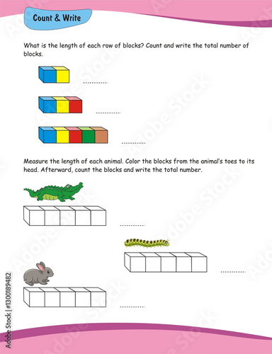 Measurement worksheet. Measuring length with blocks. Coloring blocks, Worksheet for preschool kids. Education development worksheet. Game for kids. Color activity page.