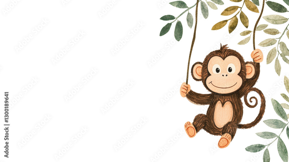 Fototapeta premium cute cartoon monkey swings joyfully on leafy branch with playful expression