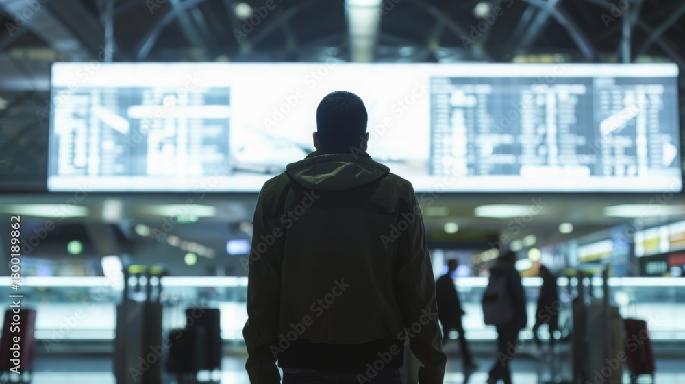 Man standing at airport terminal, gazing at large digital screen showing immigration policies, amidst bustling crowd and luggage, highlighting importance of travel regulations and border control infor Man standing at airport terminal, gazing at large digital screen showing immigration policies, amidst bustling crowd and luggage, highlighting importance of travel regulations and border control infor