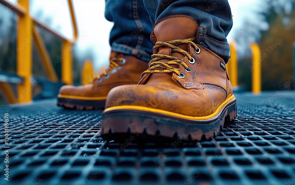 Close-up of rugged brown leather work boots on metal grating outdoors in an industrial setting Close-up of rugged brown leather work boots on metal grating outdoors in an industrial setting