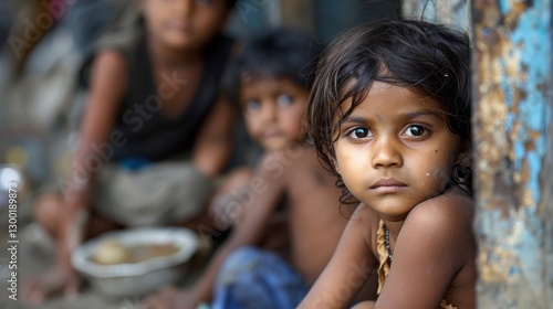 Portrait of a young girl in an urban setting, illustrating the impact of social issues and poverty on children in vulnerable communities