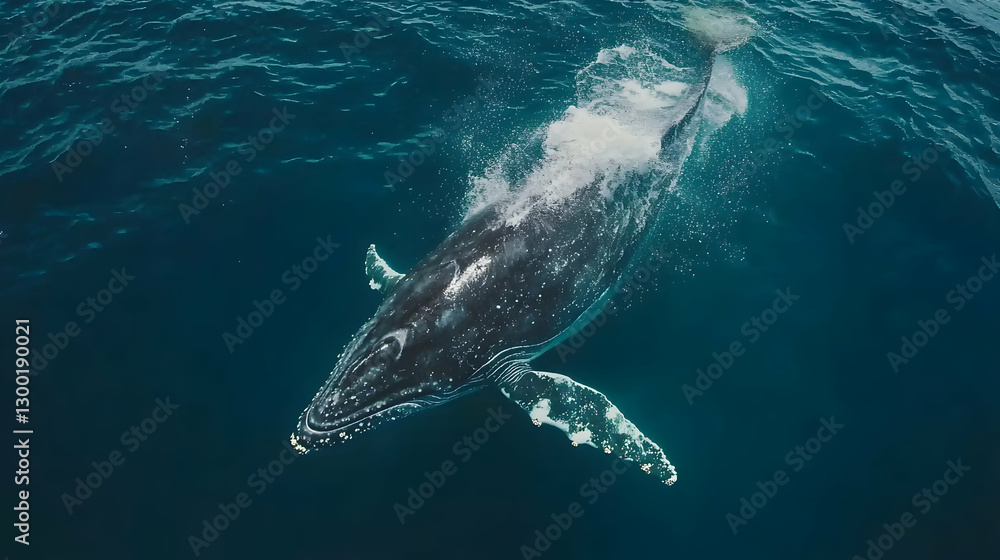 Fototapeta premium Humpback whale breaching ocean surface, aerial view, turquoise water, background waves, marine wildlife documentary