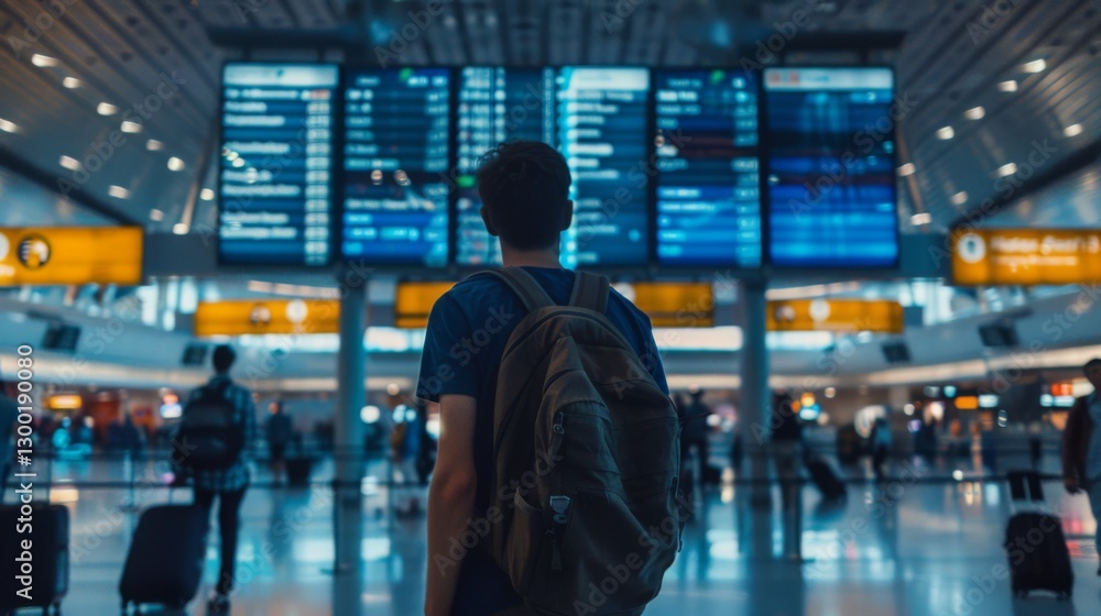 Man standing at airport terminal, gazing at large digital screen showing immigration policies, amidst bustling crowd and luggage, highlighting importance of travel regulations and border control infor Man standing at airport terminal, gazing at large digital screen showing immigration policies, amidst bustling crowd and luggage, highlighting importance of travel regulations and border control infor