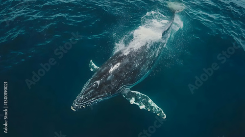 Humpback whale breaching ocean surface, aerial view, turquoise water, background waves, marine wildlife documentary