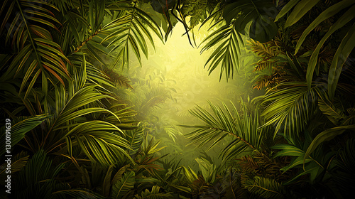 Fototapeta Naklejka Na Ścianę i Meble -  Lush Green Tropical Jungle with Golden Sunlight Rays