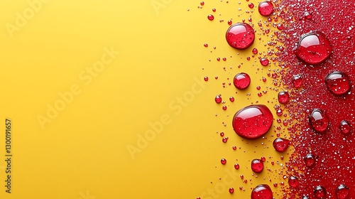 Vibrant red droplets on a bright yellow background, showcasing a refreshing liquid theme. photo