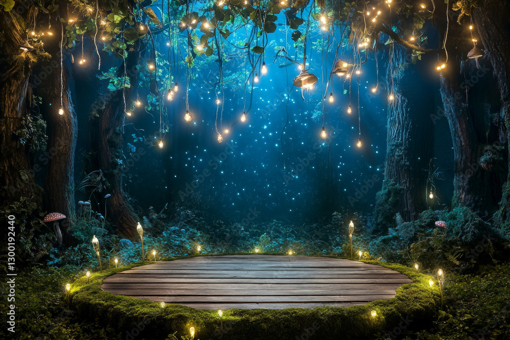 Fototapeta premium The stage is empty, with a moss-covered wooden platform.