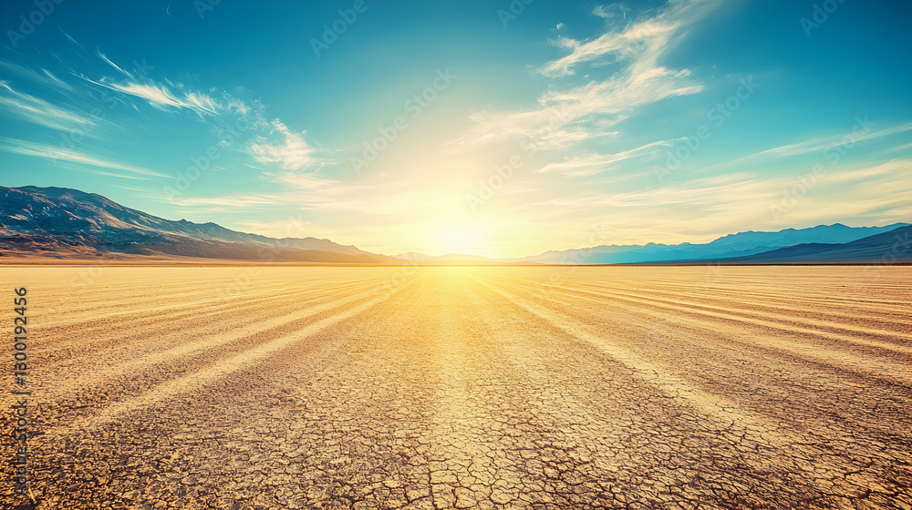 Fototapeta premium Vast Desert Landscape at Sunset with Golden Sand and Blue Sky