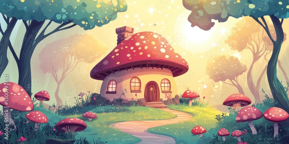 A whimsical illustration of a mushroom house in the forest A whimsical illustration of a mushroom house in the forest