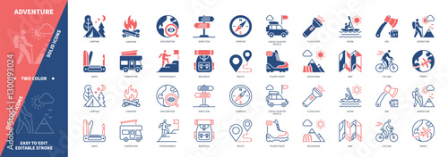 Adventure icon set. Campfire, Adventure, Camper Van, Backpack, Tourism, Camping, Hike, Kayak. Duotone color solid and editable outline icons