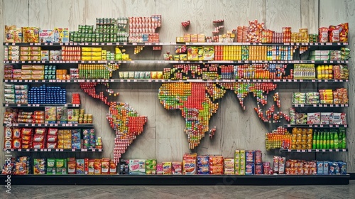 Colorful Grocery Shelves Forming World Map with Food Products