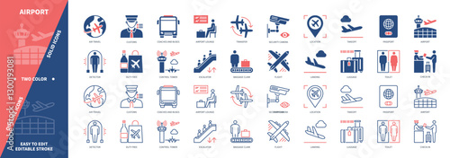 Airport icon set. Flight, Duty Free, Landing, Customs, Check-in, Air Travel, Luggage, Security Camera. Duotone color solid and editable outline icons