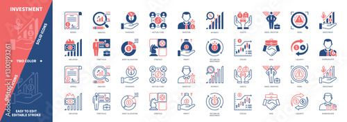 Investment icon set. Angel Investor, Stocks, Asset Allocation, Income, Dividends, Profitability, Portfolio. Duotone color solid and editable outline icons