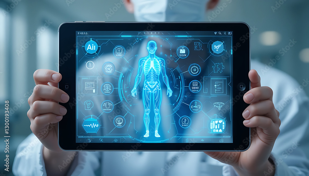 Fototapeta premium Doctor Holding AI-Powered Digital Tablet with Futuristic Medical Hologram for Smart Health Monitoring and Diagnosis