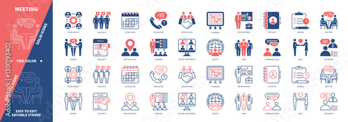 Meeting icon set. Presentation, Debate, Date, Online Conference, Contacts, Training, Scheduling. Duotone color solid and editable outline icons