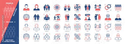 People icon set. Human, Man, Woman, Children, Elderly, Family, Leadership, Society, Conversation. Duotone color solid and editable outline icons
