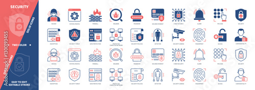 Security icon set. Password, Fingerprint, Firewall, detector, Security Camera, Hacker, Cyber Security. Duotone color solid and editable outline icons