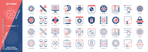 Settings icon set. Configuration, Adjustment, Tweak, Parameters, Software Update, Control, Security, Modification, devices. Duotone color solid and editable outline icons