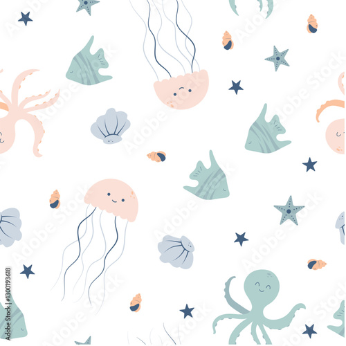 Seamless pattern with cute jellyfish, starfish and seashells.