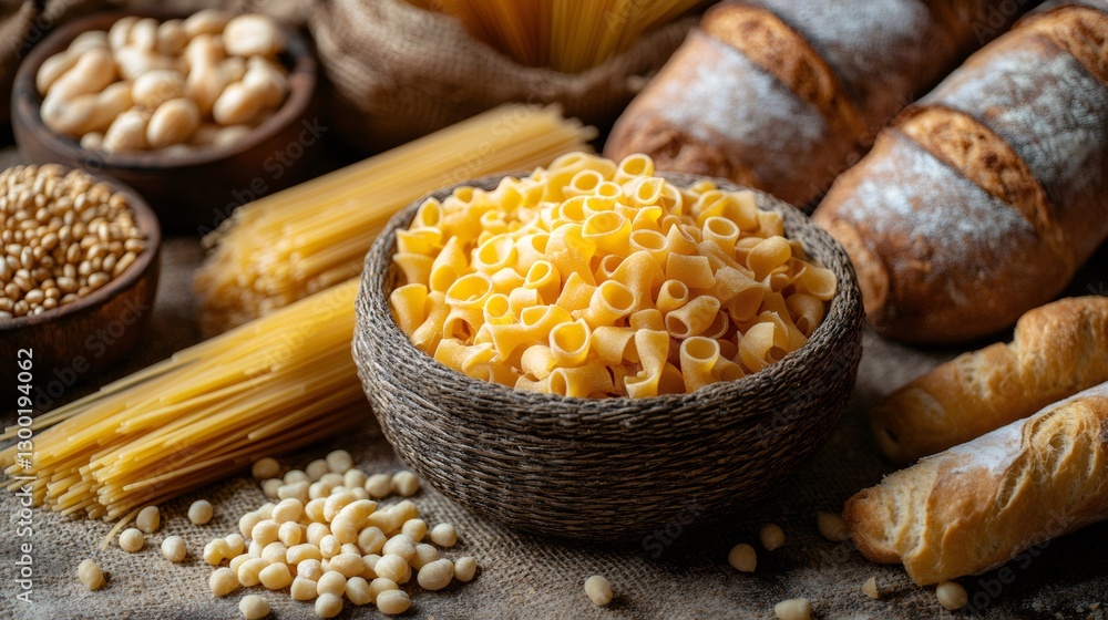 Various grains, legumes, pasta and bread creating a balanced diet Various grains, legumes, pasta and bread creating a balanced diet