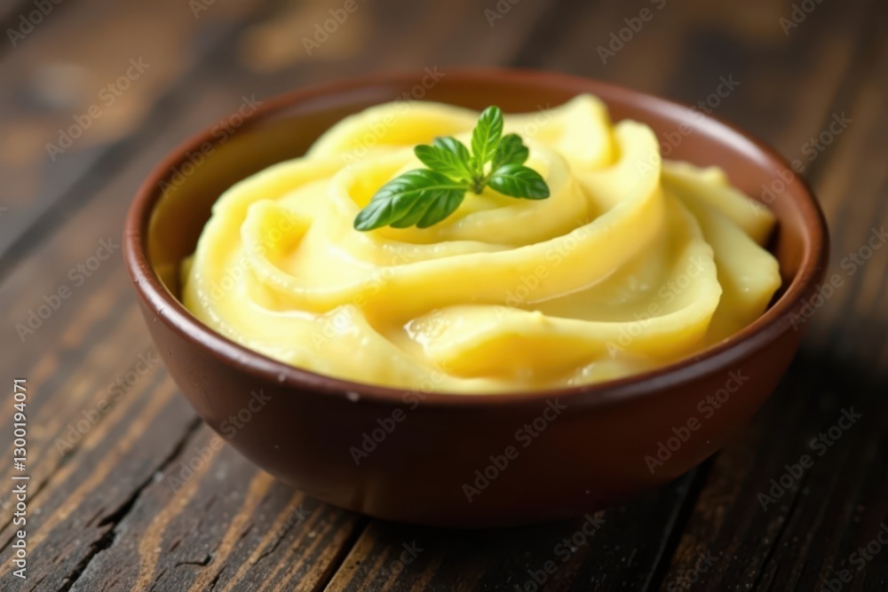 Rich creamy potatoes, smooth, in earthy brown bowl, clean background , milk, closeup, side Rich creamy potatoes, smooth, in earthy brown bowl, clean background , milk, closeup, side