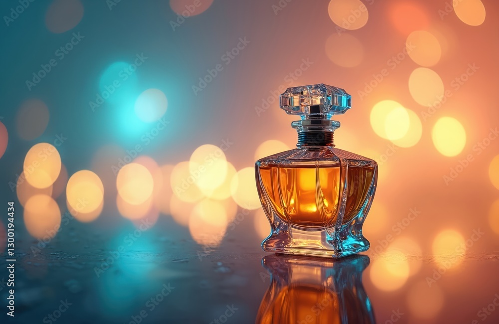 Elegant perfume bottle on reflective surface with vibrant bokeh. Luxury fragrance in glass bottle glows, sophisticated decoration. Feminine crystal, colourful light, stylish cosmetic product aroma Elegant perfume bottle on reflective surface with vibrant bokeh. Luxury fragrance in glass bottle glows, sophisticated decoration. Feminine crystal, colourful light, stylish cosmetic product aroma