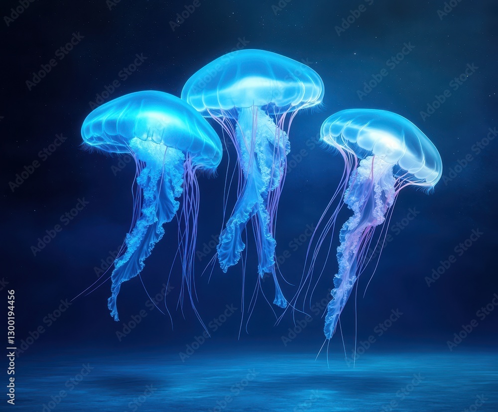 Glowing Luminous Jellyfish in Surreal Night Sky over Calm Ocean - Ethereal Fantasy Scene with Starlight Reflections Glowing Luminous Jellyfish in Surreal Night Sky over Calm Ocean - Ethereal Fantasy Scene with Starlight Reflections