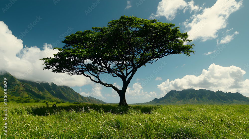 Single Tree in a Green Field Against a Mountain Background Single Tree in a Green Field Against a Mountain Background